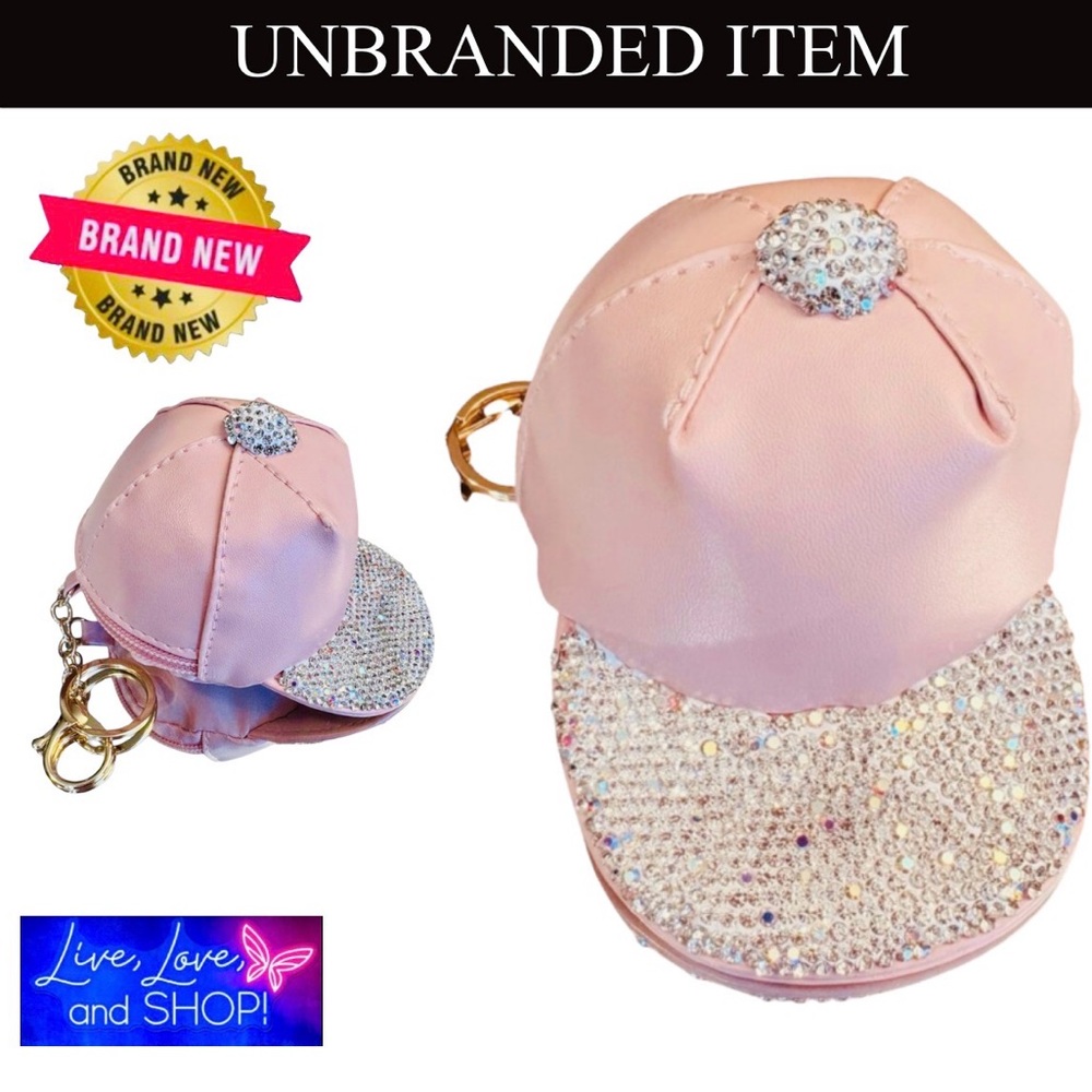 🦋 COIN PURSE/KEYCHAIN: Pink Baseball Cap w/Rhinestones, Chain & Zipper, NWOT